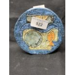 20th cent. Ceramics: Troika blue ground Aztec disc moon vase. 4 5/8ins. dia.