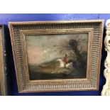 19th cent. English School: Oil on board hunting scene with plaque to frame 'George Morland' and
