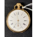 Watches: Yellow metal open faced pocket watch, stamped 18k. Weight 73.4g. Tests as 18ct gold.