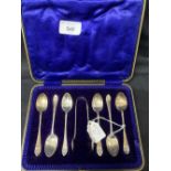 Hallmarked Silver: Teaspoons and sugar nips, Sheffield 1908, John Round. Approx. 3oz.