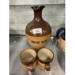 Doulton: Gales Ales ewer and brown salt glaze tankards/cups.