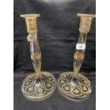 19th cent. Venetian style glass candlesticks with gilt inlay decoration. A pair. 13ins.