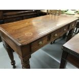 19th cent. Mahogany hall table. Three drawers with cup handles in a shell design. On turned