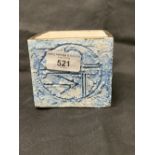 20th cent. Ceramics: Troika cuboid vase, blue ground Aztec pattern. 3½ins. x 3¼ins.