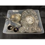 Hallmarked Silver: Items to include Art Nouveau watch stand, pair of salts with spoons, tea strainer