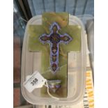 Religious Icons: Green marble or onyx crucifix, with brass Cloisonné cross and Holy Water font