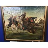 Paintings: 19th cent. Naive study of an Arabian lion hunt. Signed G. Kreitzer 1843. 25ins. x 30ins.