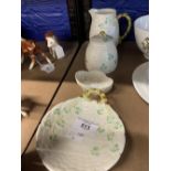 20th cent Ceramics: Belleek milk jug, preserve pot, dish, salt basket design with clover decoration,