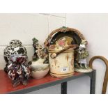 20th cent. Ceramics: Large Continental pink floral bowl, Crown Devon Fieldings biscuit jar,