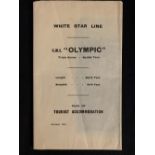 R.M.S. OLYMPIC: Plan of Tourist Accommodation October 1931. White Star Line (Red Burgee) Triple