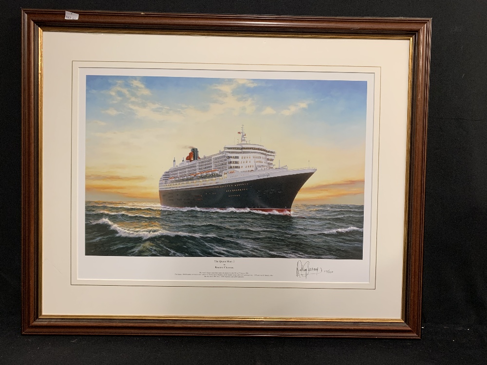 OCEAN LINER: Limited edition print, signed by Rodney Charman, Queen Mary II plus Canberra inbound to