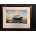 OCEAN LINER: Limited edition print, signed by Rodney Charman, Queen Mary II plus Canberra inbound to