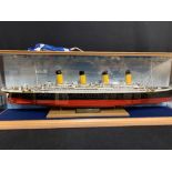 R.M.S. TITANIC: Modern scratch built model of Titanic in glazed display case with illuminated LED