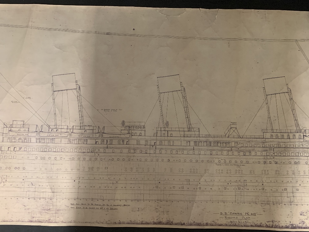 R.M.S. TITANIC: Post Titanic rigging plan of the ill-fated liner. Scale 1/12ins.-1ft. 80½ins. NB: