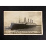 R.M.S. TITANIC: Real photo postcard of Titanic leaving Southampton with post-disaster caption.