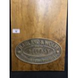 HARLAND AND WOLFF: Cast oval builder's plaque 'Belfast Shipbuilding'. 10ins. Stamped 'Asturias.' NB: