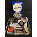 OCEAN LINER: Cunard cut glass ashtray, silver plated condiments, Queen Elizabeth II badges,