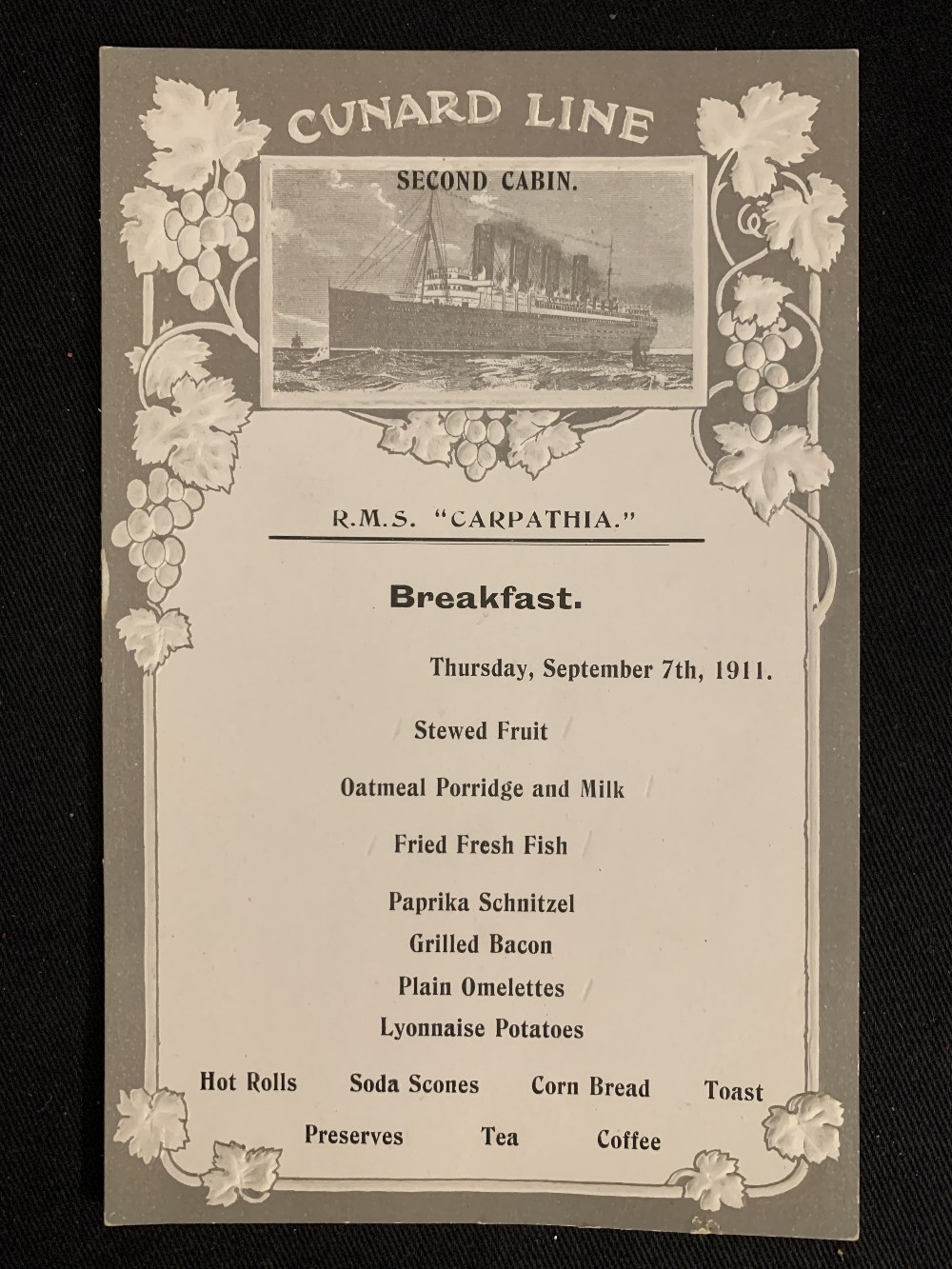 R.M.S. CARPATHIA: Second-Class Breakfast menu dated September 7th 1911.