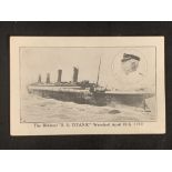 R.M.S. TITANIC: Unusual postcard showing the ill-fated SS Titanic on 15th April 1912 alongside an