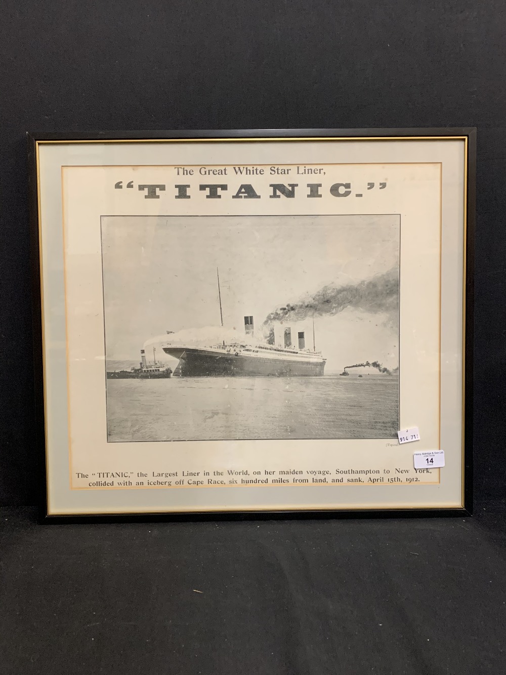 R.M.S. TITANIC: Post-disaster oversize print of the Great White Star Liner Titanic colliding with an