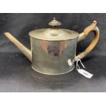 Hallmarked Silver: Georgian oval cylinder teapot engraved decoration cartouche either side. Treen