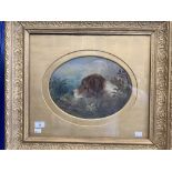 19th cent. English School: Watercolour side profile of a hounds head, oval mount in painted gilt