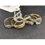 Hallmarked Jewellery: Four 18ct. gold rings set with diamonds and aquamarine, two rings have