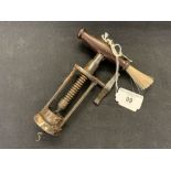 Corkscrews/Wine Collectables: Lund patent Helix screw open two pillar barrel steel rack, treen