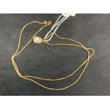 Jewellery: Yellow metal box link chain with a pendant attached, set with a single 7mm cultured