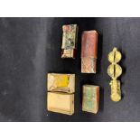 Scales: Set of miniature brass sovereign scales Dominoes, miniature glass jug and glasses.