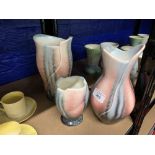 Pottery & Porcelain: Art deco set of three Sylvac vases in blended blue, grey and pink.