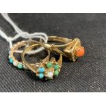 Hallmarked Jewellery: Three rings 9ct. gold, two set with pearls and turquoise and one with coral