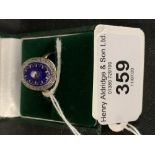 Jewellery: 18ct. Gold diamond marquis shape cluster ring, blue enamel 18 x 14mm. Size P. 4.5g.