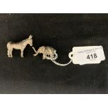 •Hallmarked Silver: Sarah Jones miniature animals, donkey and elephant. 1¼oz.