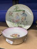 Early 20th cent. Nursery ceramics. Stay warm dish, pink with transfer print of children at play, and