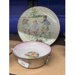Early 20th cent. Nursery ceramics. Stay warm dish, pink with transfer print of children at play, and