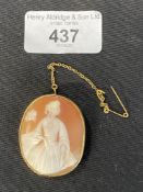 19th cent. Cameo 'Young Woman in Dress' yellow metal. Pin A/F. 9g. Inclusive.