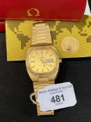 Watches: 1980 gold plated Omega day-date gents automatic with integral bracelet. Original box and
