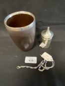 Royal Doulton beaker leather Jack design with a silver rim, hallmarked Chester 1899, a silver pepper