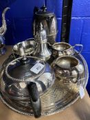 Silver Plated: Oval tray with matching tea set comprising teapot, hot water jug, sugar bowl, milk