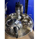 Silver Plated: Oval tray with matching tea set comprising teapot, hot water jug, sugar bowl, milk