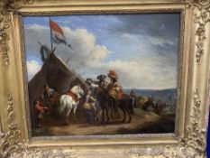 French School: 19th century oil on canvas Military encampment overlooking the sea. Approx. 14ins.