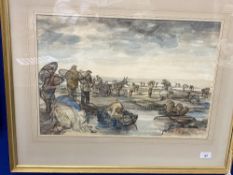Michael Brockway (1919 - ): Watercolour, Normandy Mussel Pickers, signed and dated 1963 with a title