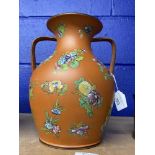 19th cent. Ceramics: Wedgwood two handled terracotta Capri ware vase with enamelled floral