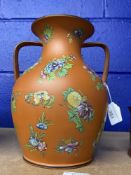 19th cent. Ceramics: Wedgwood two handled terracotta Capri ware vase with enamelled floral