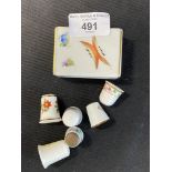 20th cent. Herend porcelain matchbox holder and thimble, plus five other miscellaneous thimbles.