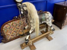 Toys & Pastimes: Late 20th cent. dappled grey wooden rocking horse with real horsehair mane & tail