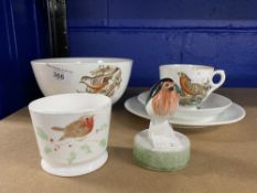 20th cent Ceramics: Trio, sugar bowl decorated with robin and holly, Rye pottery figure of a robin