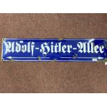 Militaria: Third Reich 'Adolf Hitler Allee' enamelled street sign, blue with white lettering.