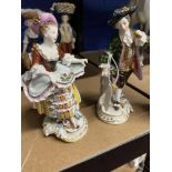 20th cent. Ceramics: Two German porcelain figures of a Georgian Dandy & his lady. Marked on the base